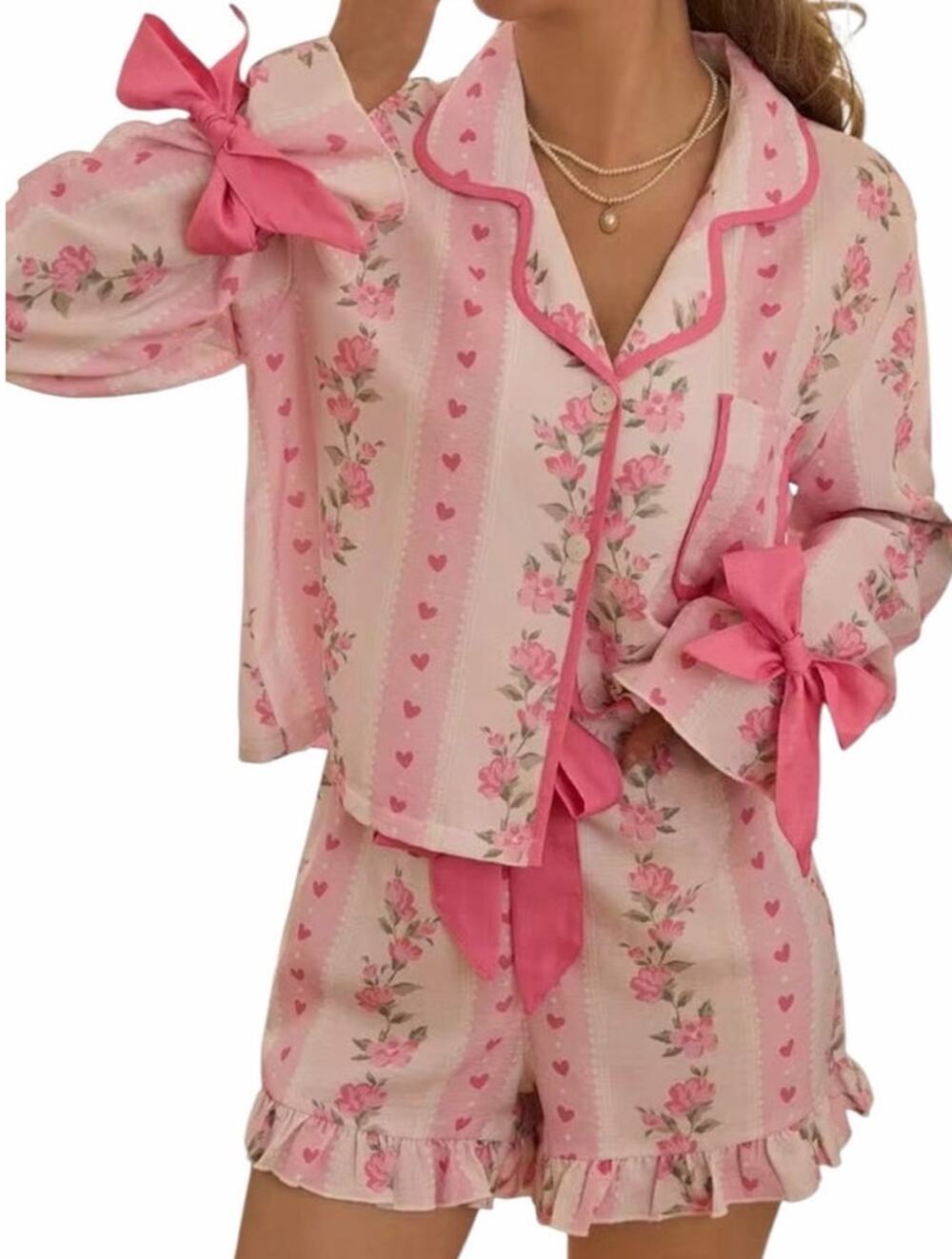 Shein Women's Large Pink Floral Lapel Bow Long Sleeve Button Up Two Piece Set